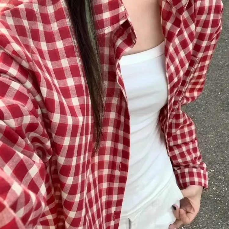 Retro American Red Plaid Long Sleeve Women's Shirt Early Spring Outerwear Summer Style Lazy Sun Protection Top Korean Version... 5