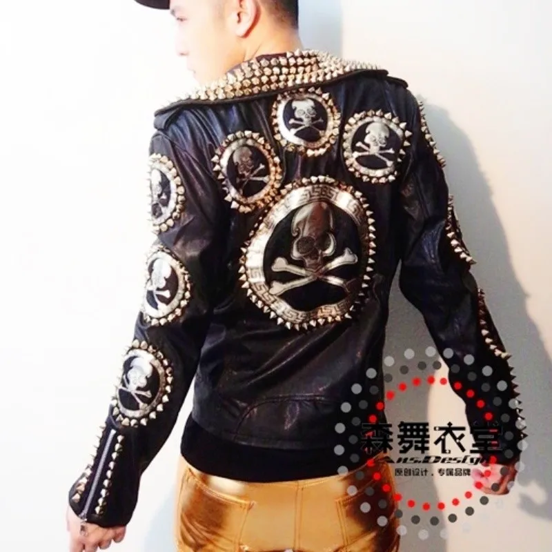 2024 Men New Fashion Slim Jackets DJ Male Skeleton Head Rivet Motorcycle Leather Jacket Plus Size Coat Costume Singer Outerwear