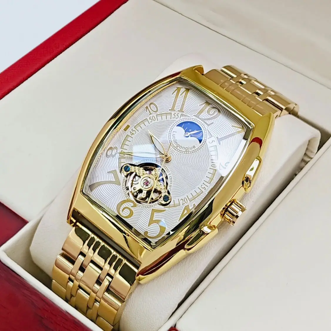 Top-Tier Luxury Barrel-Shaped Business Men's Mechanical Watch, Automatic Winding, Skeleton Design, Stainless Steel Strap, European and American Style Light Luxury High-End Fashion Casual Versatile Personality Social Young Men's Watch, the Best Gift for Him