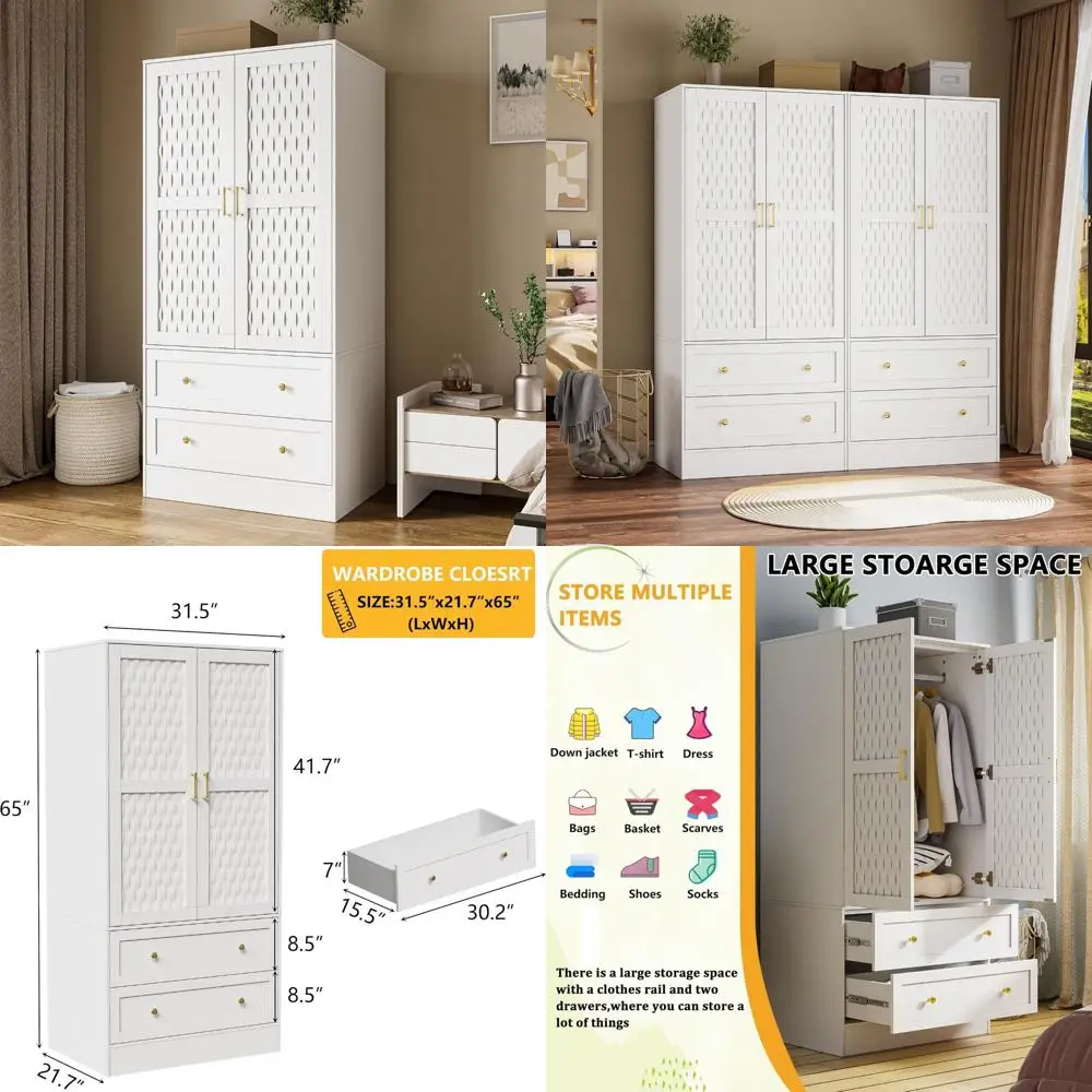 modern 3-door wardrobe with 2 drawers, shelves and hanging rail, freestanding armoire closet, clothes storage cabinet organizer