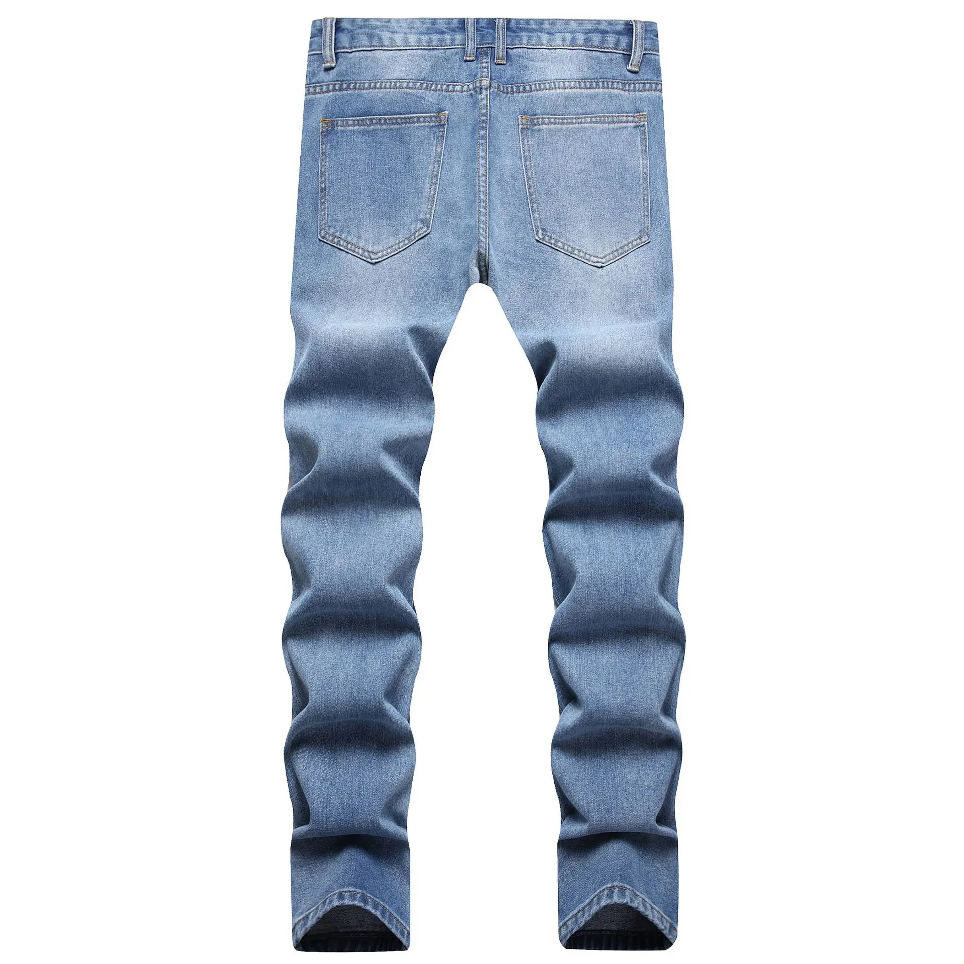 Pencil Pants Men Hole Jeans Mid Waist Skinny Pockets Vintage Ripped Washed Denims Distressed Streetwear Male Straight Trousers