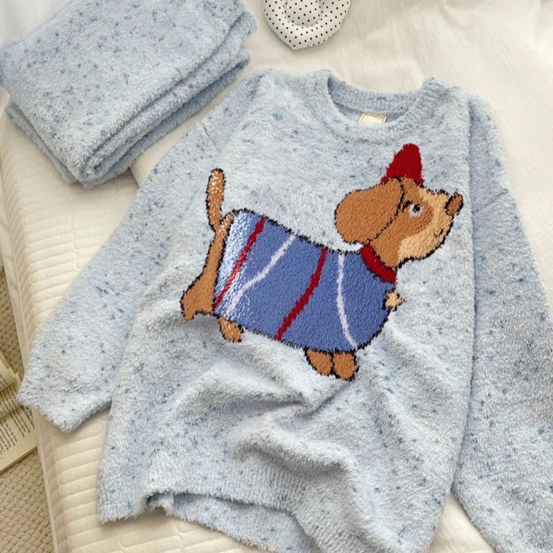 Coral Velvet Pajamas Women Winter  Sweet Cute Dog Leisure Thickened Girls Homewear Blue Soft Warm Set