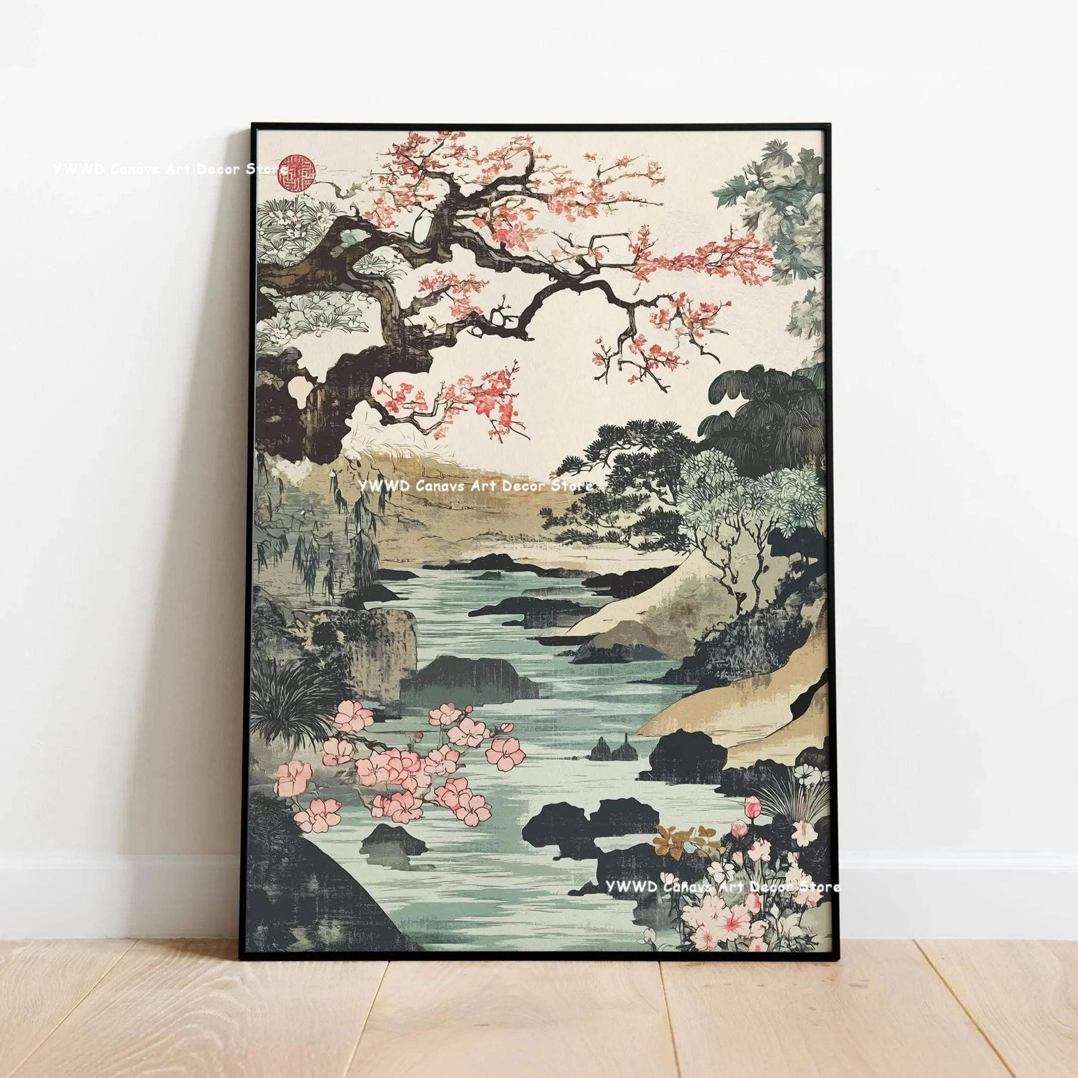 Elegant Japanese Cherry Blossom Landscape Canvas Printing Vinyl Record Turntable Music Wall Art Poster Suitable for Home Decor