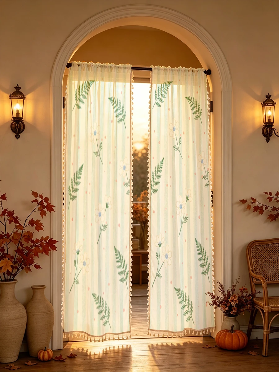1PC Floral Tassel Sheer Curtains, White Daisy Fern, Digital Print, Polyester, Bedroom Living Room, Rod Pocket Home Decor
