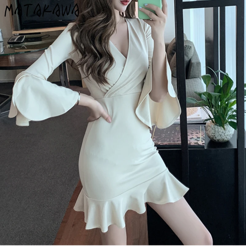 Women's Dress Spring 2022 Korean Fashion V Neck Flare Sleeve High Waist Slim Elegant Dresses Ruffles Patchwork Vestidos Mujer