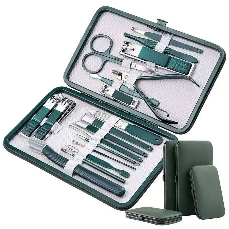 Nail clipper set, home nail clippers, dark green 18-piece set, pedicure, exfoliation and nail care tools