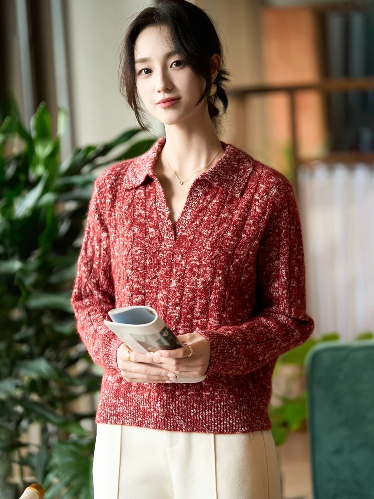 

Women Big-Belly Yarn Sweater Polo Collar 100% Merino Wool Pullover Autumn Winter Thick Twisted Casual Clothing Skin-friendly Top