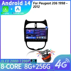 Nawigacja multimedialna Android 14 Bezprzewodowy ekran stereo Carplay Radio samochodowe dla Peugeot 206 1998-2012