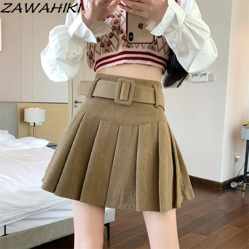 

Y2k Skirt Solid Color Corduroy Pleated High Waist A-line Vintage Fashion Casual Sweet Y2K Aesthetic All Match Chic Short Faldas