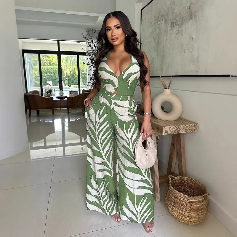 

GUWU Fashion Street Beach Leaf Printed Women's Set Halter Sleeveless Crop Shirt Tank and Wide Leg Pants Two 2 Piece Sets Outfits
