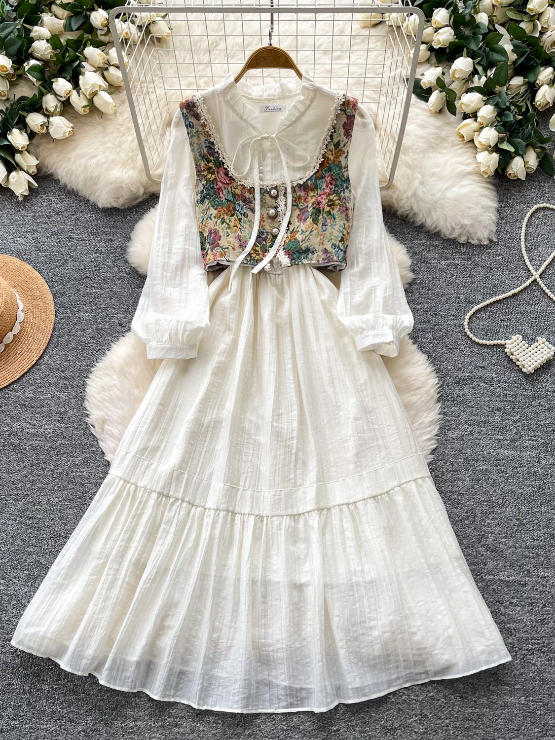

Soft Wind Floral Vest Dress Two-Piece Set Women's Spring Autumn Fashion Slimming Stylish Ensemble High Waist Commute Style