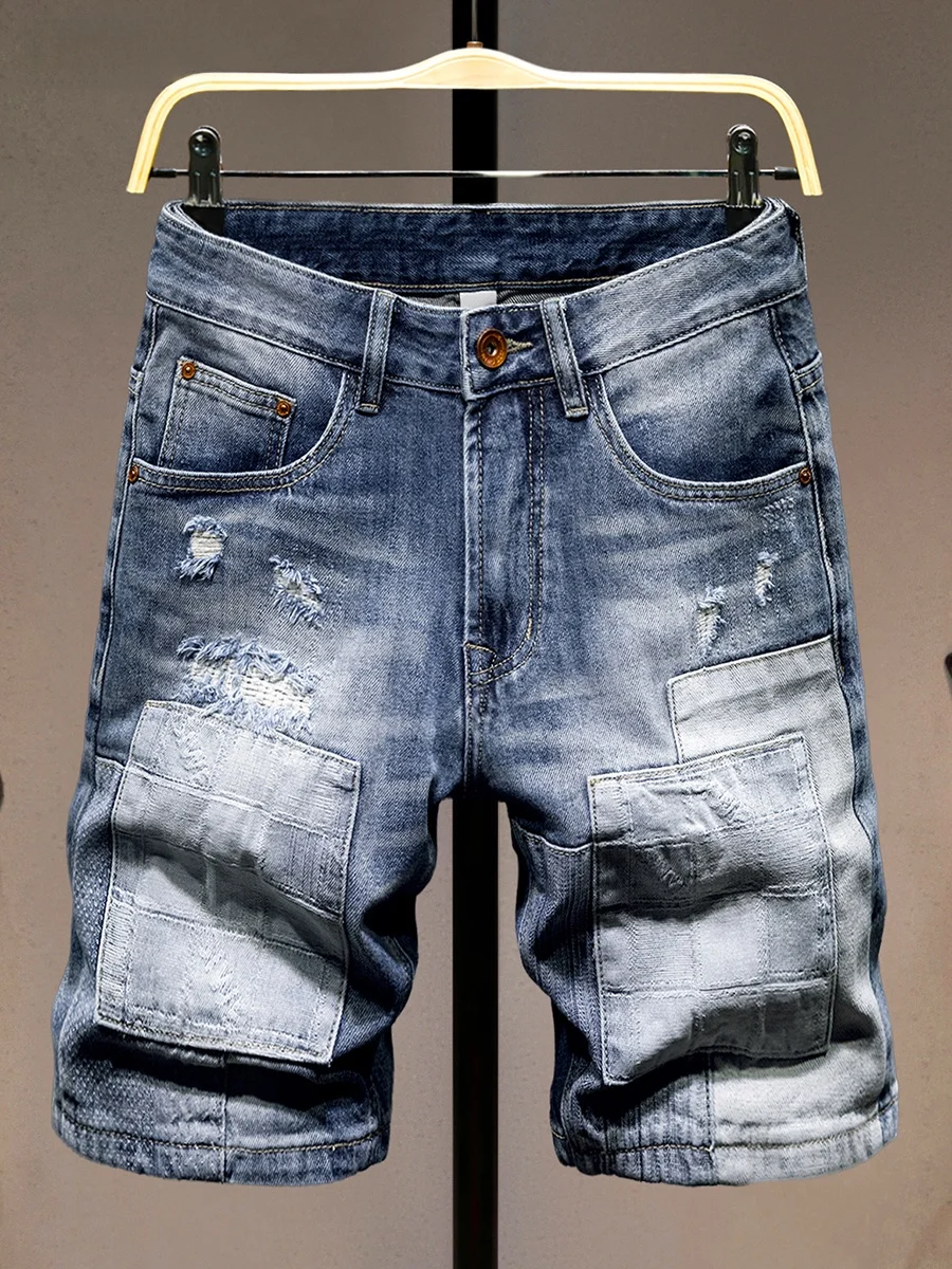 

Высококачественные мужские рваные джинсовые шорты, летние, новые, модные, брендовые, с цветными вставками, повседневные, универсальные, средней длины, до колена