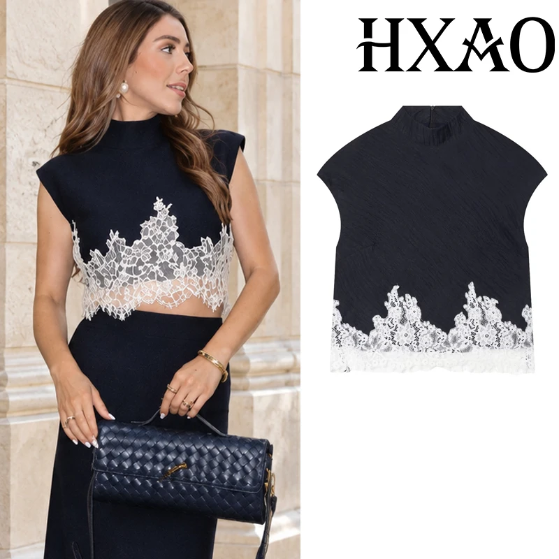 HXAO Lace Women's Tanks Tops Pleats Sleeveless Blue Crop Top Chic High Neck Elegant Vests Tops Woman Streetwear Slim Holiday Top