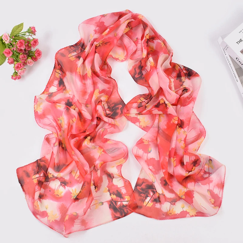 New Fresh and Breathable Thin Lotus and Lotus Leaf Pattern Printed Chiffon Women\'s Long Scarf Sunscreen Women\'s Scarf