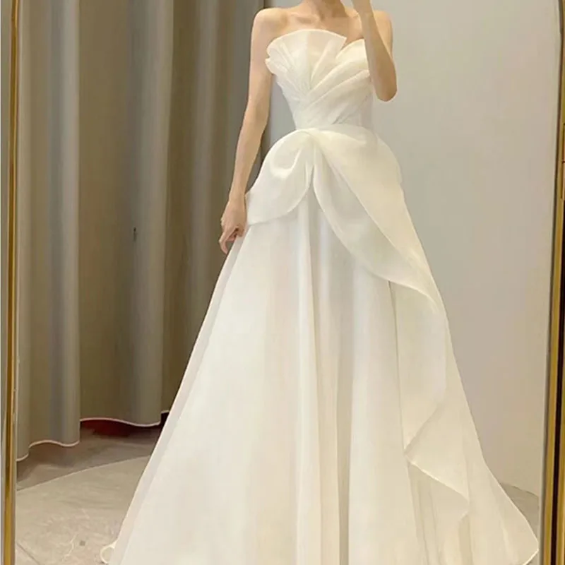 Satin Bra Light Wedding Dress New French High Grade Floor Small Trail Outdoor Lawn Wedding Simple Party Dresses Women Evening