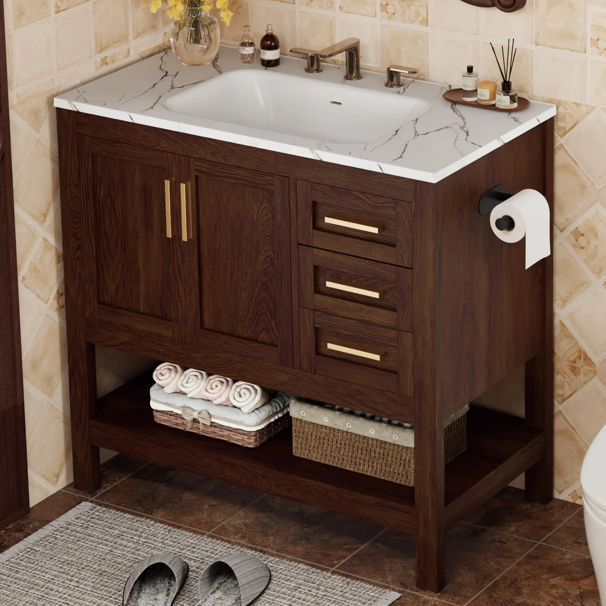 36 Inch Bathroom Vanity with Sink, Saw Cut Brown