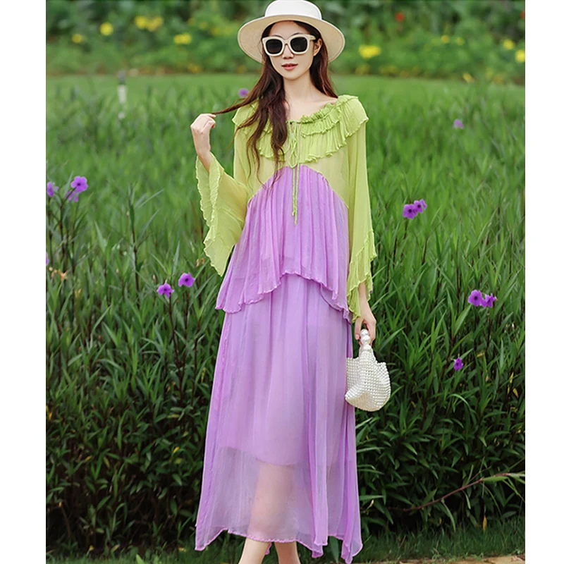 Original Design Silk Set Skirt Luxury High End Silk O-Neck Loose Contrast color splicing Top +Half Skirt Set for Women One Size