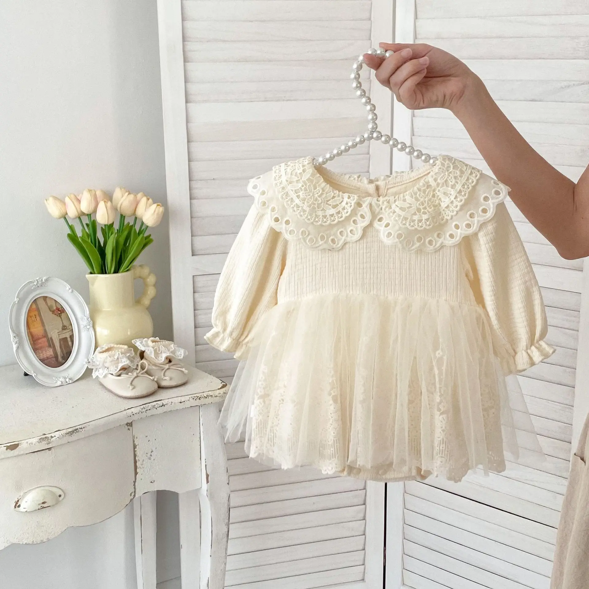 2024 Autumn New Baby Girls Sweet Gauze Lace Princess Dress Infant Girl Cute Lapel Bodysuit 100 Day Party Toddler Clothes 0-24M