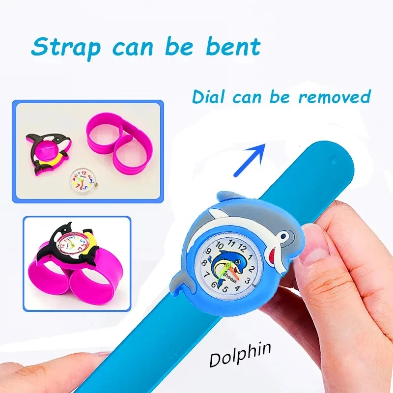 10 pçs/set atacado relógios infantis bebê aprender tempo quebra-cabeça brinquedo dos desenhos animados tubarão/golfinho/baleia crianças relógio para meninos meninas pulseira