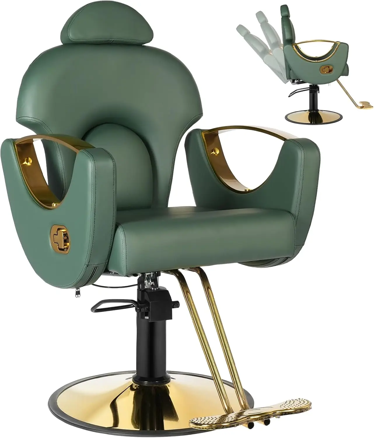 Salon Chair for Hair Stylist, Barber Salon Chair Reclining Hairdresser Chair with Hydraulic Pump, 360 Swivel Styling Braiding Chair for Home Barbershop, Tattoo, Shampoo, Spa, Green Gold