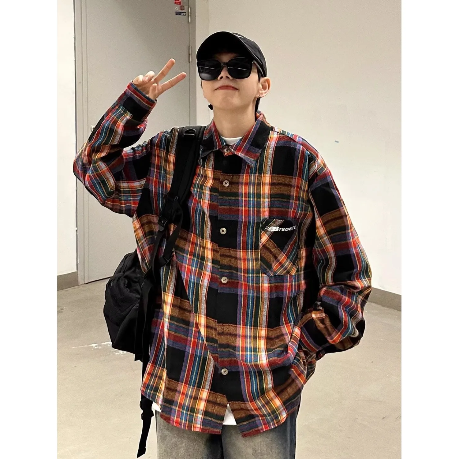 

Autumn Winter Large Size Men's irt Casual Plaid Long Sve Embroidered Loose Fit Couple Outerwear Polyester Fiber