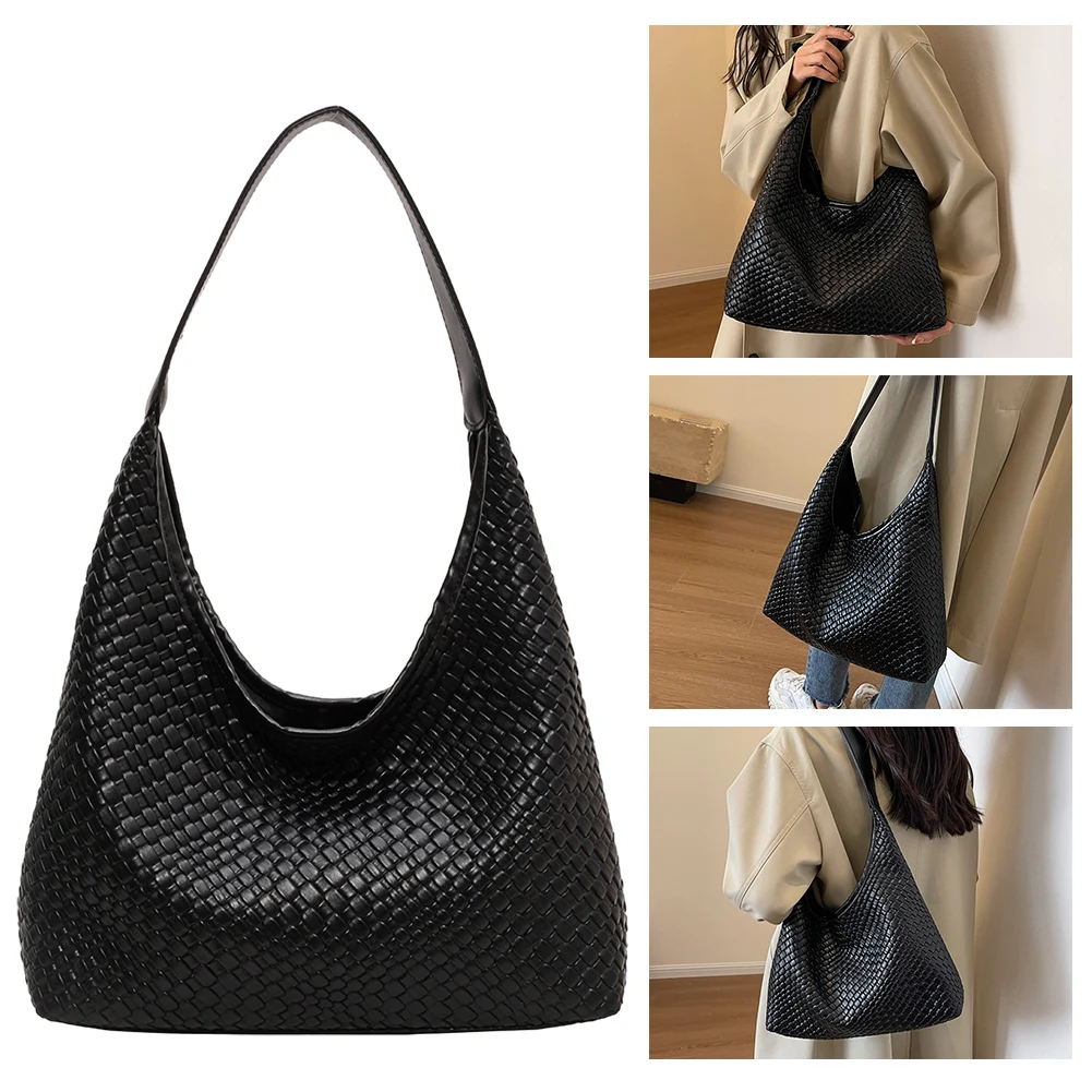 

Women Large Shoulder Bag with Pouch PU Woven Tote Bag Soft Satchel Hobo Bag Leather Armpit Handbag Commuting Bag