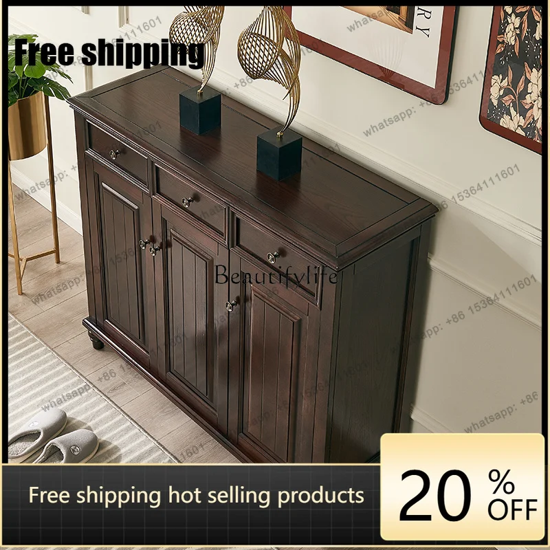 Factory Direct American Style Solid Wood Vintage Entryway Cabinet Three-Door French Partition Balcony Storage Furniture