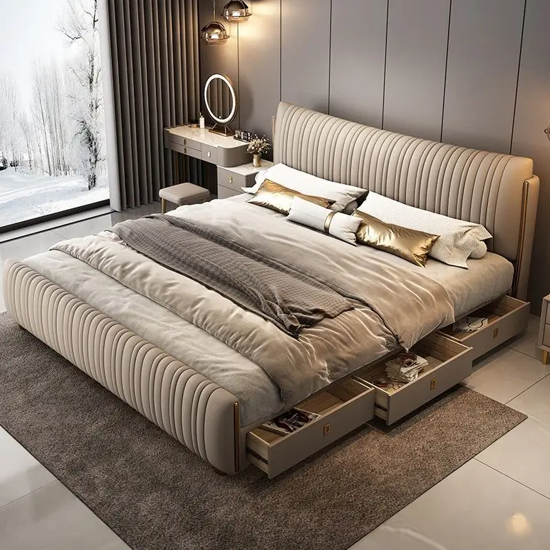 Modern simple light luxury shell leather bed master and second bedroom cream style  high-end atmospheric wedding bed new