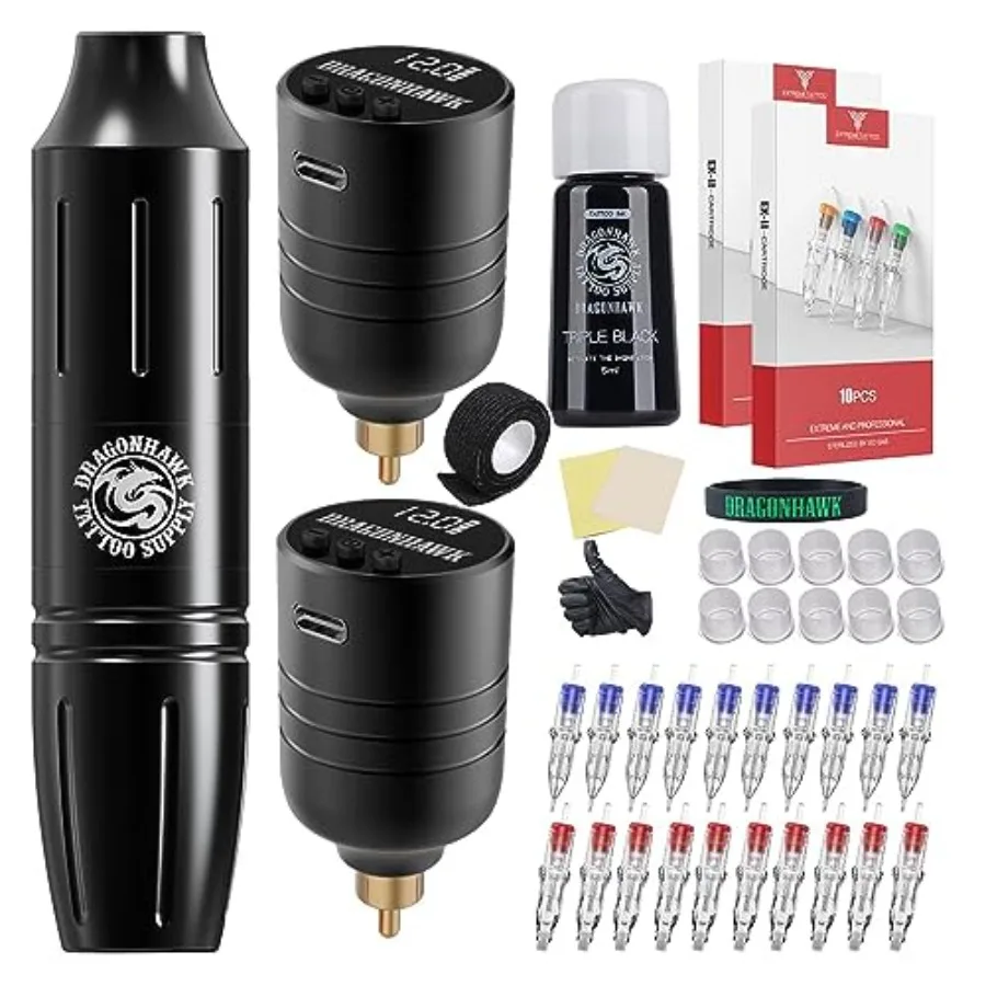 

Wireless Tattoo Gun Kit Rotary Cartridge Machine with 2 Batteries 20Pcs Needles Ink Full Accessories Black