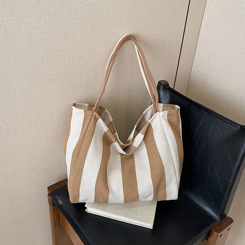 Sommerliche gestreifte Canvas-Tragetasche für Damen, lässig, große Kapazität, einfache Umhängetaschen, Einkaufshandtasche, tägliche Tragetasche – Detail 19