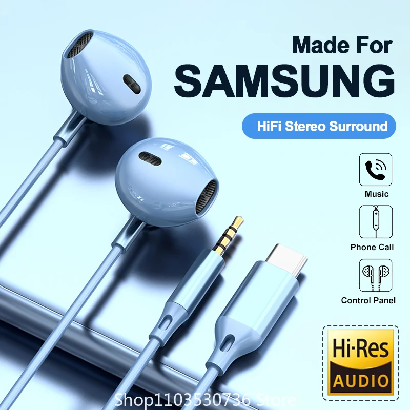 For Samsung Headphones HiFi Surround Sound In-ear USB Type C 3.5mm With wire control Wired Earplugs For Galaxy S24 S23 S22 Ultra