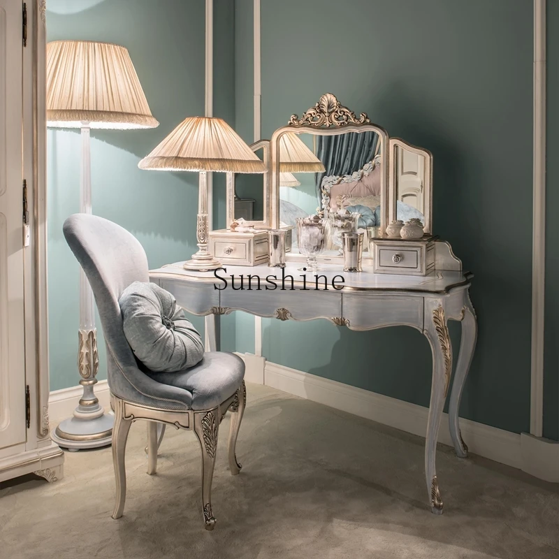 

French retro old dresser light luxury solid wood master bedroom storage table mirror chair combination
