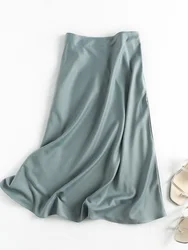 Summer Faldas Mujer Moda Midi Skirts Womens England Office Lady Satin High Waist Simple Elegant Long Skirt Women