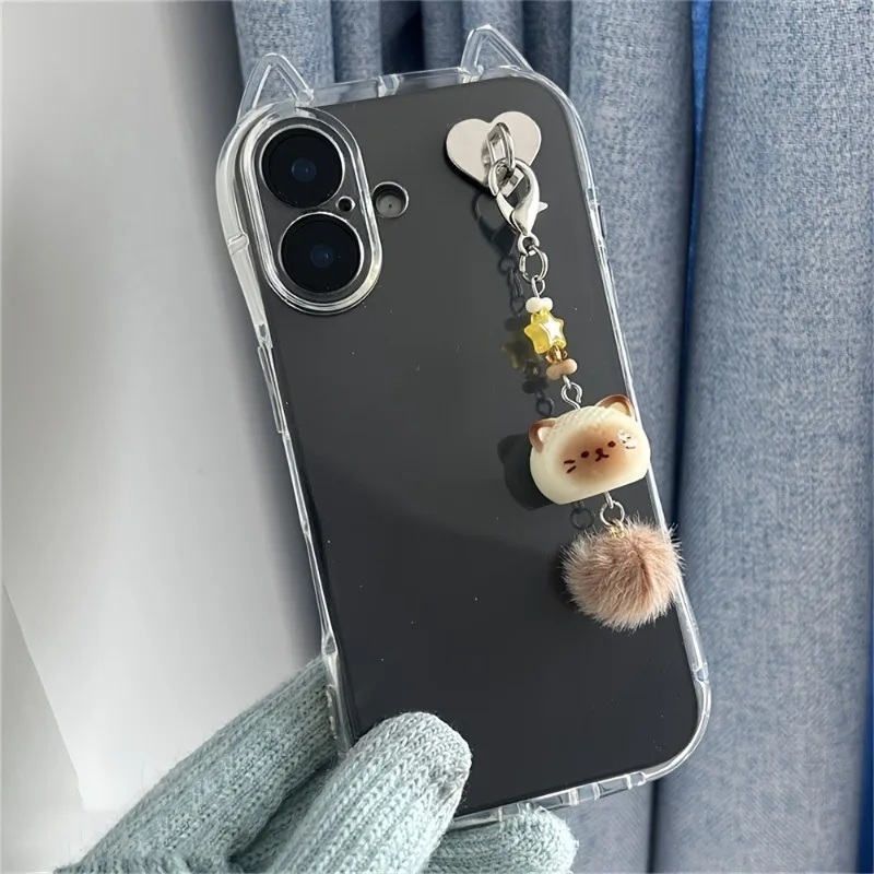 3D Kitten Phone Chain Resin Cat Keychain Student Cute Bag Pendant Anti Lost Phone Lanyard Strap with Heart Hook Women Girls Gift