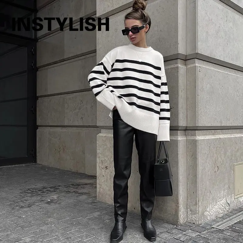 Women Elegant Striped Loose Sweater Y2K Streetwear O Neck Knitted Pullover Autumn Winter Vintage Harajuku Oversized Jumpers 2022