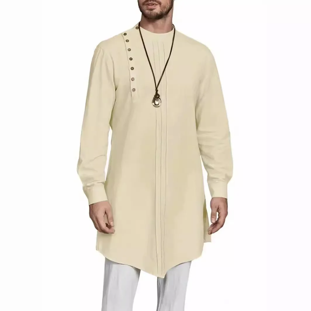 2024 Herren Kaftan Thobe Langarm Robe Kleid lässig Baumwolle Leinen Knopf muslimischen Hemd muslimische Mode islamische Kleidung Männer