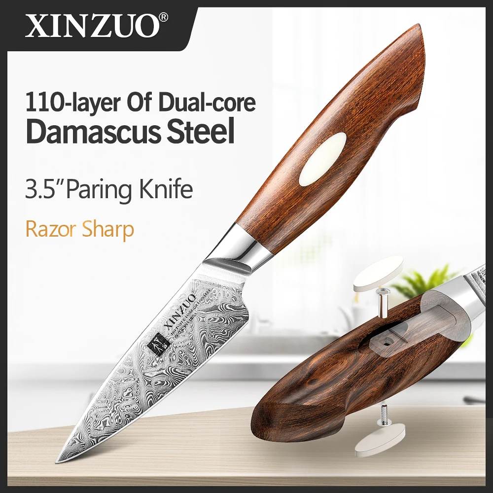 

XINZUO 3.5" Paring Knife 110 Layers Damascus Kitchen Knives North American Desert Ironwood White Synthetic Ox Bone Patch