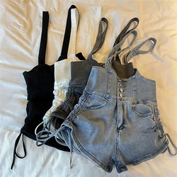 Denim Straps Overalls Shorts Women Fashion Drawstring Jumpsuit High Waist Slim Jeans 2023 Summer Leg Wide Leg Hot Pants