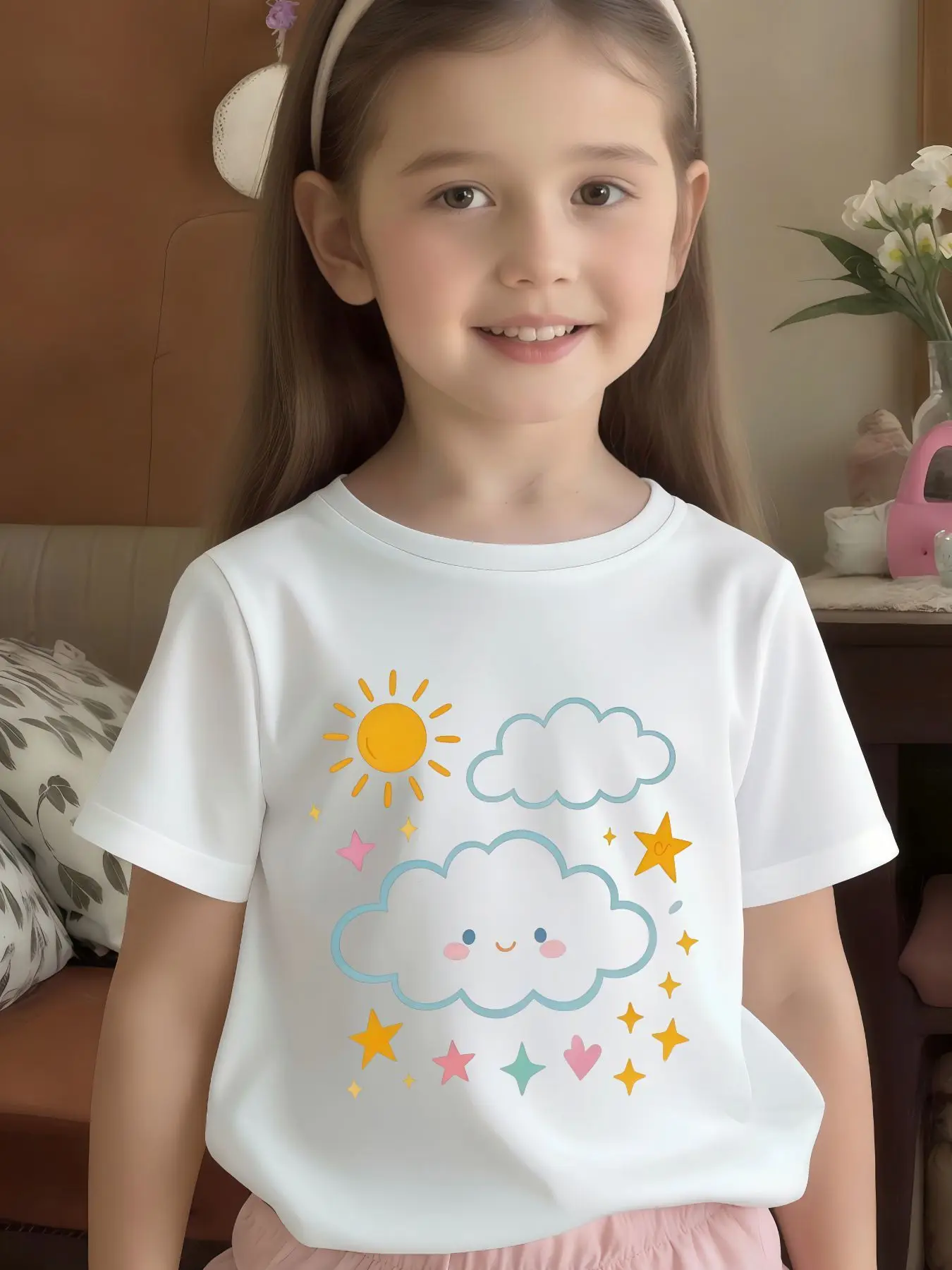 Smiling Cloud Sun Star Heart Print Kids T Shirt Boys Girls Family Match Cotton Short Sleeve Summer Daily Casual Clothes