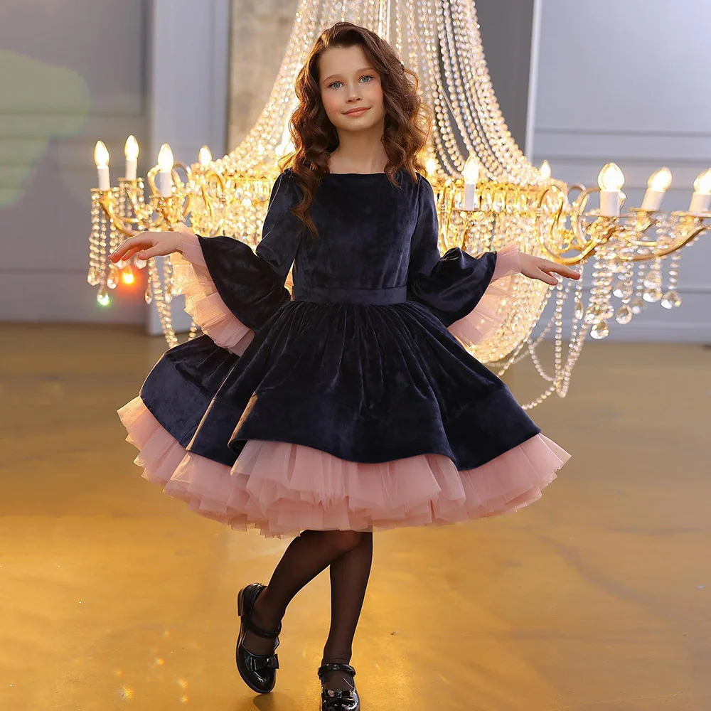 Warm Winter Christmas Kids Birthday Party Dress Scoop Velvet Flowers Girls Dresses 3/4 Sleeves Dance Dress for Child 2023