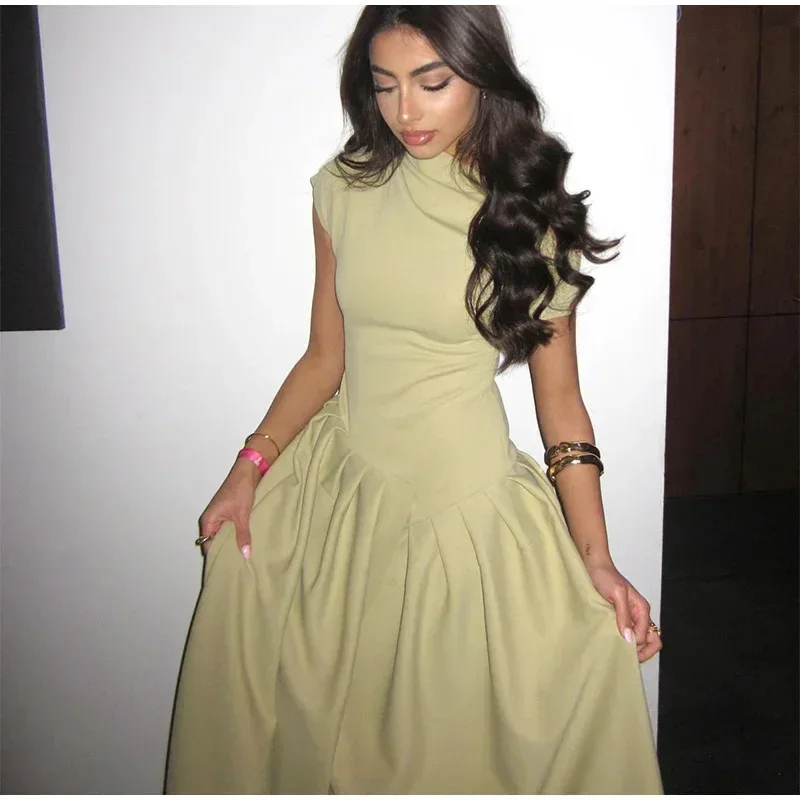 فستان ماكسي أنيق للسيدات لصيف 2025 موضة كتف مائلة وأكمام قصيرة مطوي على شكل حرف a رداء طويل للحفلات فساتين غير رسمية