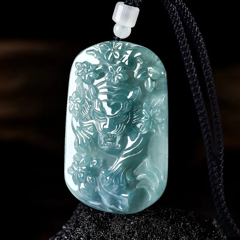 Natural A-grade Jade Blue Water Zodiac Tiger Domineering Necklace Pendant Fashion Men's Party Holiday Accessories Gift