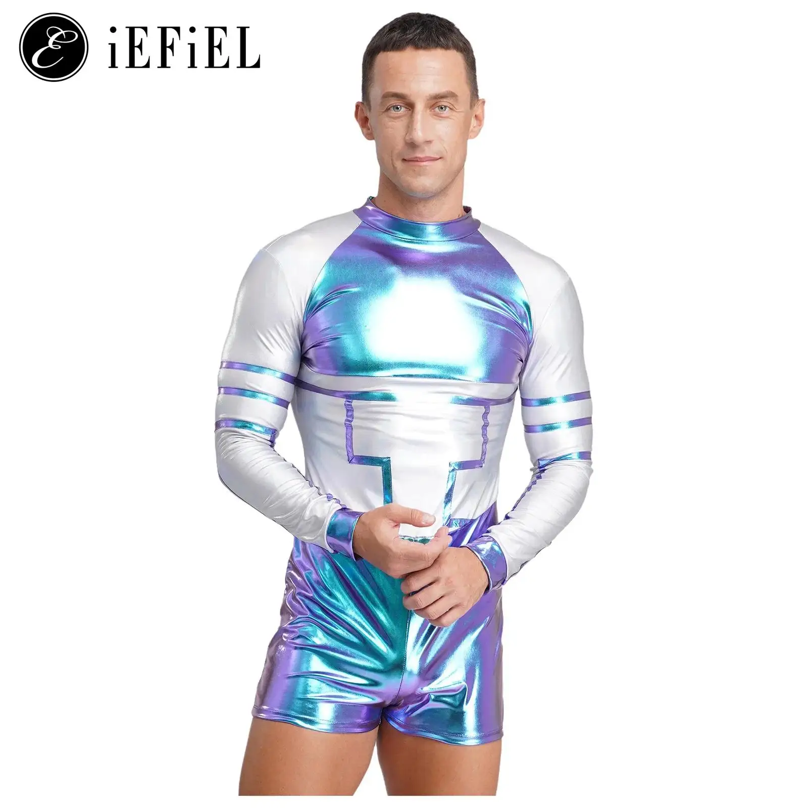 

Mens Halloween Astronaut Alien Cosplay Costume Long Sleeve Metallic Shiny Space Alien Jumpsuit Bodysuit Carnivals Party Dress Up
