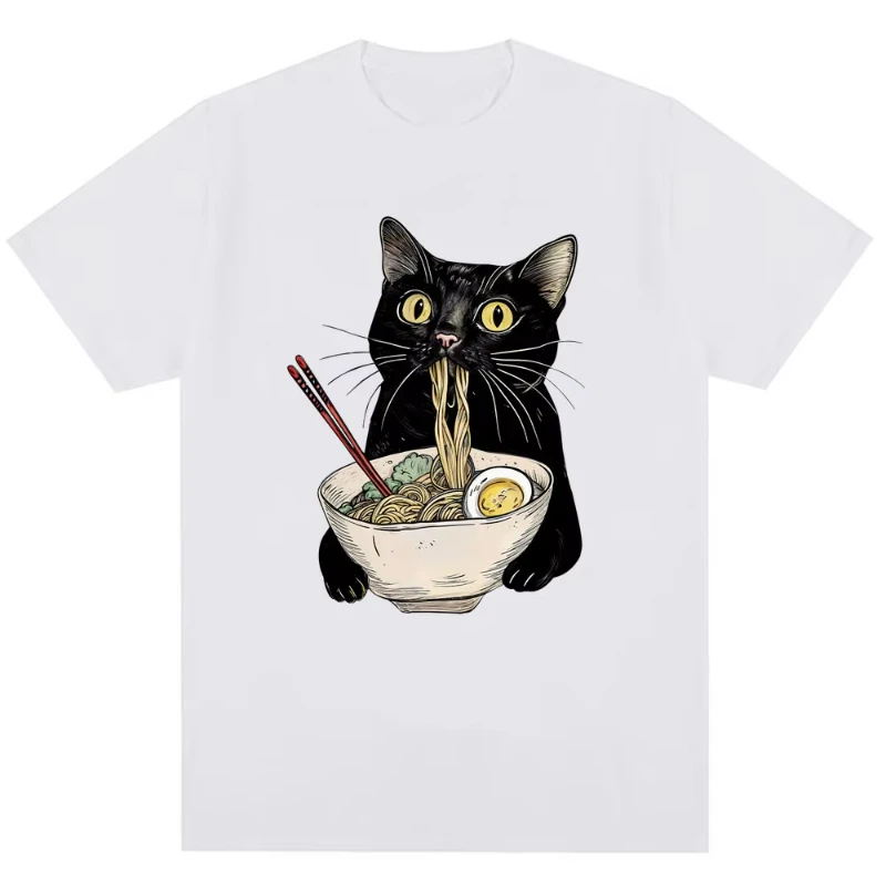 Camiseta divertida con estampado de gato negro Ramen, igual para hombres y mujeres, mangas cortas populares, estilo años 2000, camiseta holgada estilo callejero