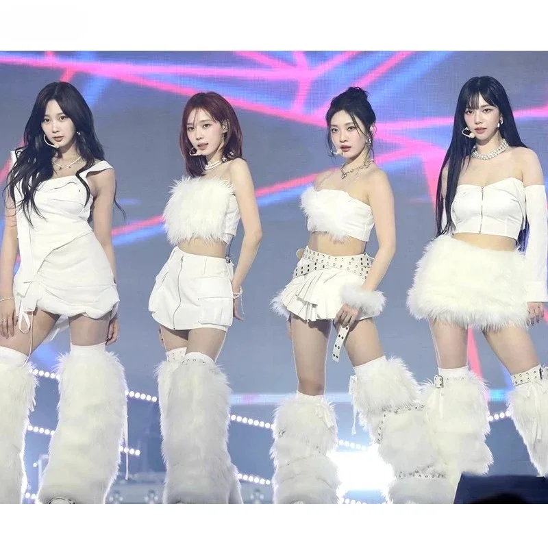 

Kpop Women Group Jazz Dance Costumes White Slim Sling Vest Crop Tops Sexy Zipper Short Skirt Stage Performance Outfits