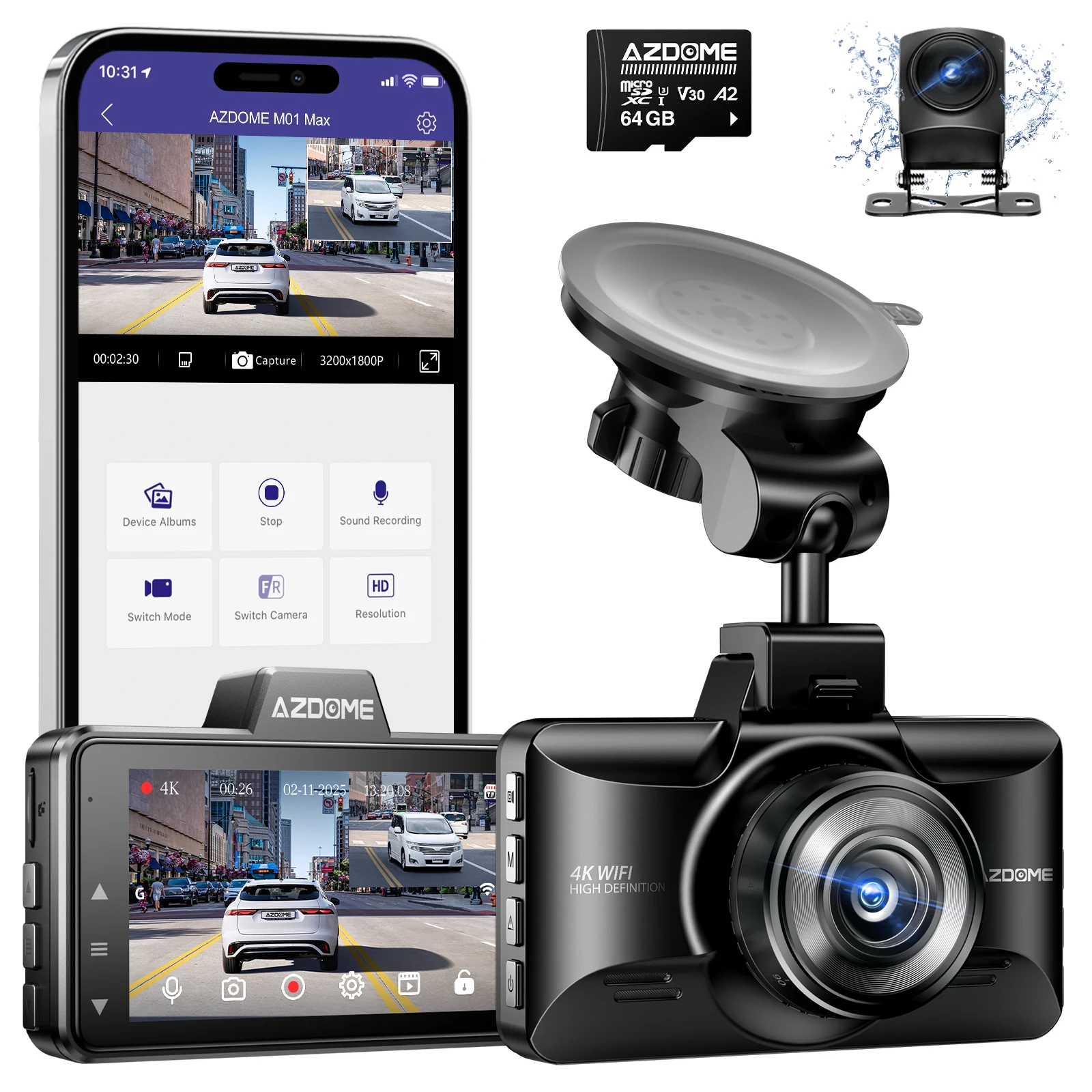AZDOME 4K Dashcam M01 Pro 3-Zoll-Bildschirm Vorder- und Rückkamera für Auto mit Integriertem ADAS G-Sensor Auto-DVR 24-Stunden-Parkmodus