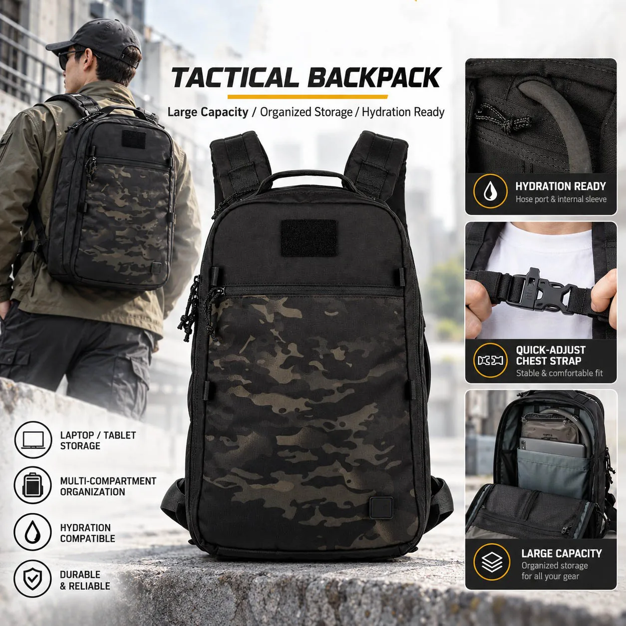 Tactical Backpack Large Capacity Hydration Bladder Compatible Laptop Compartment Outdoor Hiking Travel Daypack Bag for Men Women