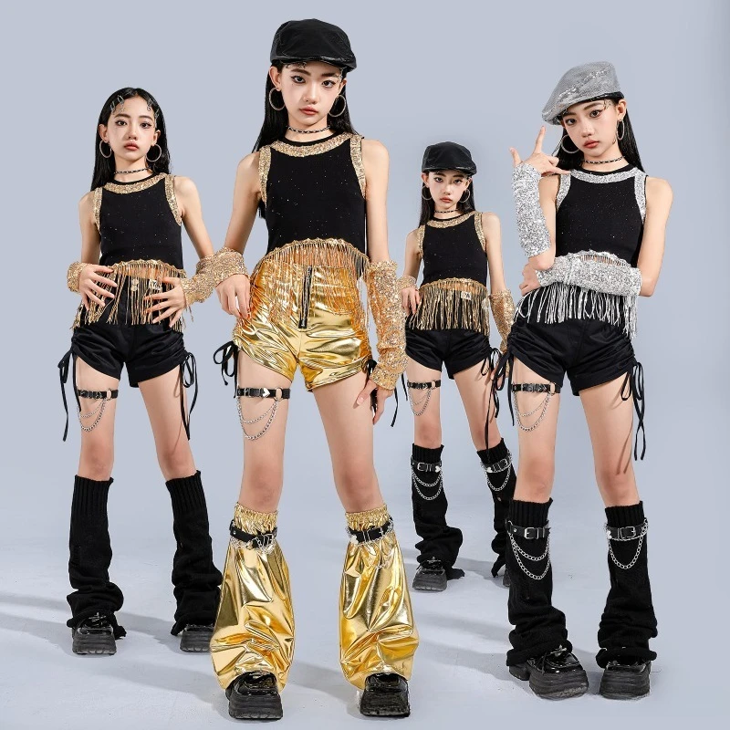 

Jazz Dance Costume Cosplay Fringe Shimmer Suit Dancewear Sleeveless Top Shorts Full Set Stage Performance Outfits for Girls