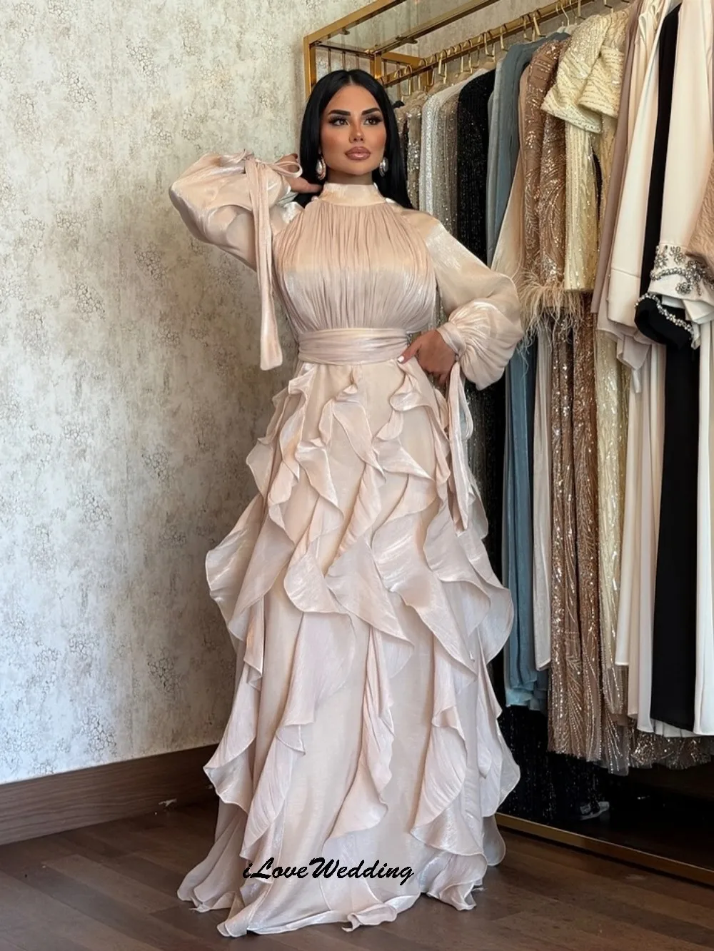 فستان حفلة موسيقية مخصص برقبة عالية 2025 بأكمام طويلة أنيق لحفلات الزفاف على شكل حرف a الكشكشة مطوي فساتين رسمية طول الأرض #3