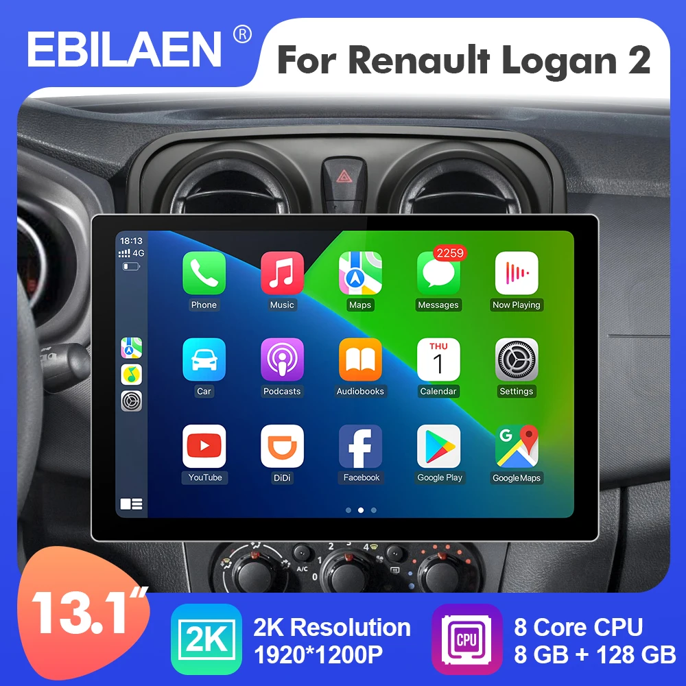 EBILAEN Android 12 13.1 Inch Car Multimedia Radio Player For Renault Logan 2 2012 - 2019 GPS Stereo 8 Core Carplay 4G WIFI